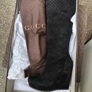 Wedge suede knee high Gucci boots
